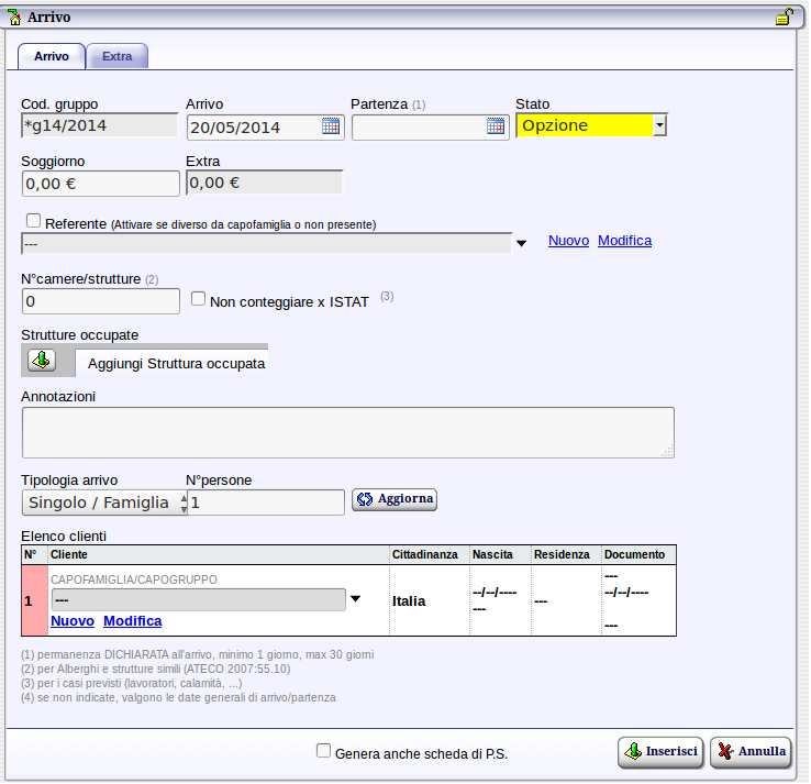 /></p><p>Per prima cosa è possibile modificare la data di arrivo (di default è la data corrente) e di partenza, indicando anche lo stato (prenotato, prenotato + acconto, presente, partito) del gruppo alla quale ci si riferisce (nell'esempio g14), indicando quanto è stato versato ed eventualmente un referente del gruppo. In dettaglio:</p><p><br /> <strong>- N Camere/strutture:</strong> numero di camere occupate dall'arrivo in oggetto, successivamente indicando eventualmente la struttura occupata;</p><p>-<strong>Tipologia Arrivo: </strong>indicare se i soggetti occupanti sono una persona singola/famiglia oppure un gruppo, inserendo il N° delle persone. Cliccando su </p><p><br /></p><p><span style=